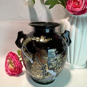 Vintage Porcelain Japanese Double Handles Peacock Bird Floral Design Vase